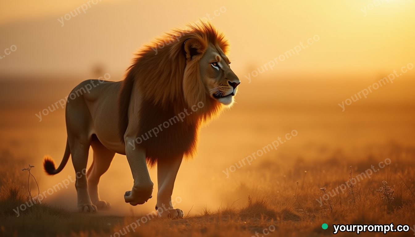 A majestic lion with a windswept mane on the savanna