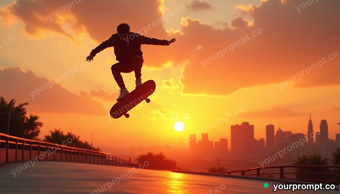 A skateboarder mid-air against a sunset skyline