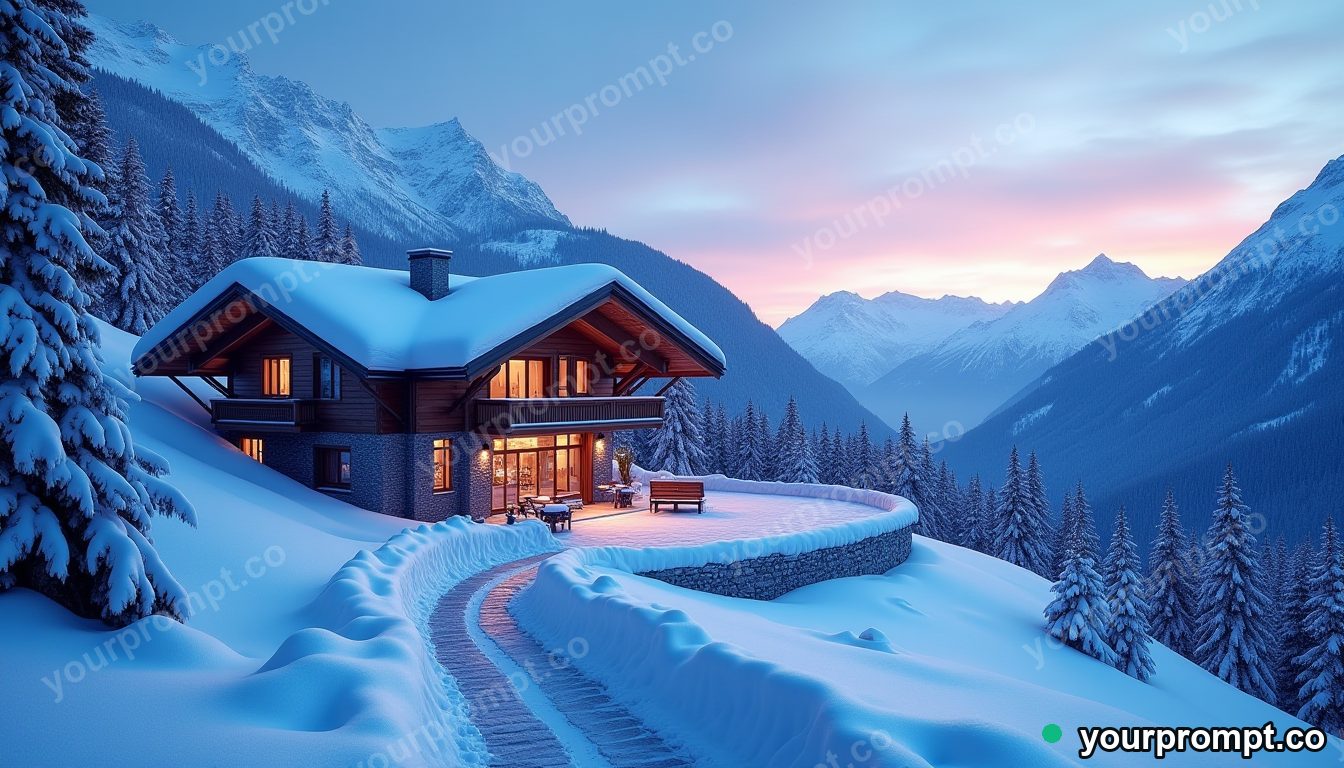 A snow-covered alpine chalet at twilight