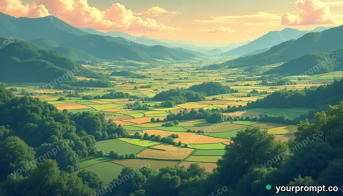 A bird's-eye view of a patchwork of farm fields