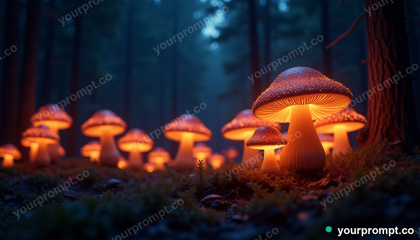 A glowing forest of giant luminous mushrooms at night