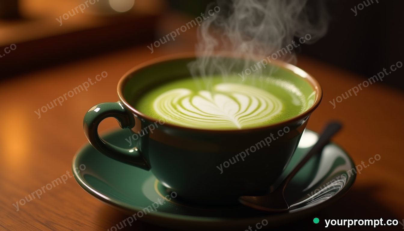 A steaming cup of matcha beside whisked foam