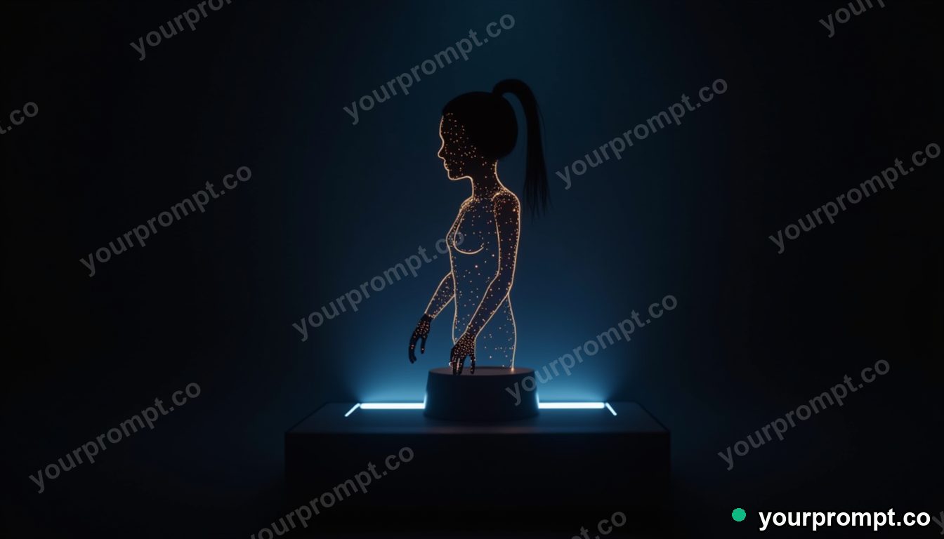 A holographic AI assistant glowing in a dark lab