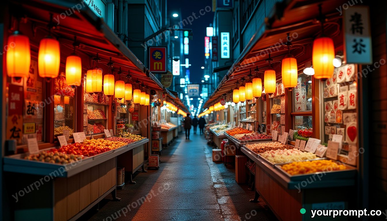 A glowing night market in a narrow Tokyo alley