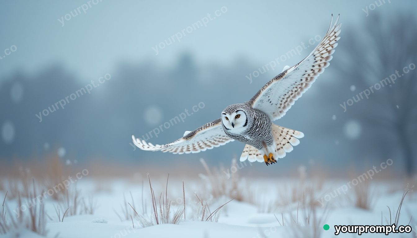 A snowy owl in flight over a winter field