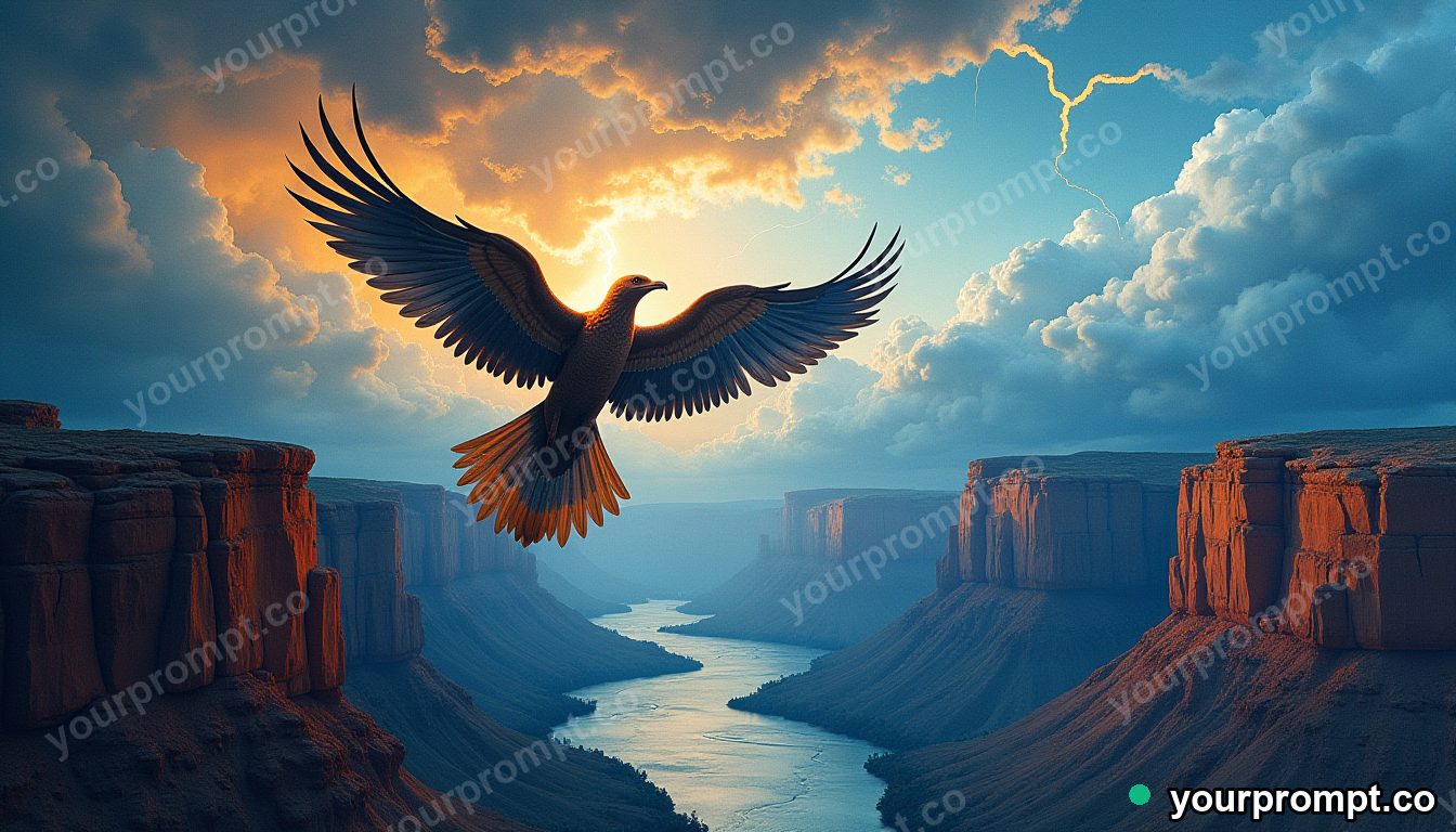 A thunderbird soaring above a canyon storm