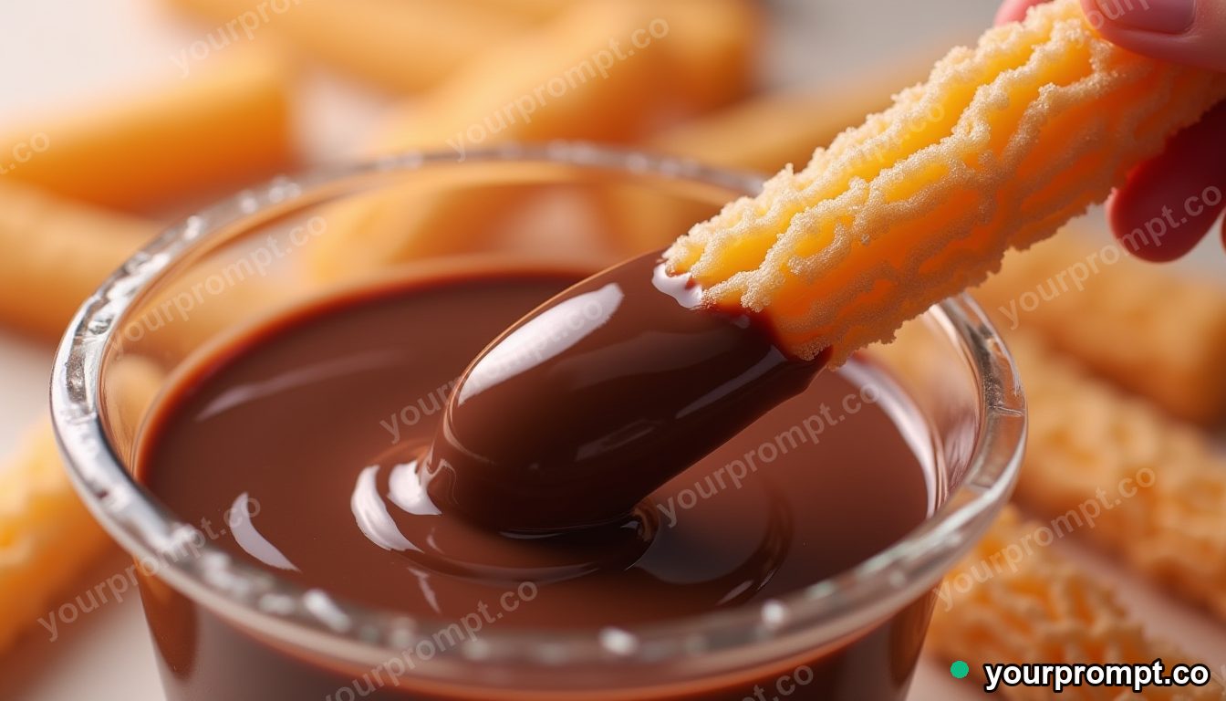 A churro dipped in thick chocolate sauce