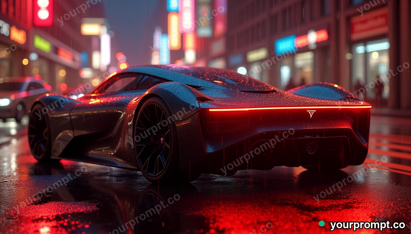 A sleek electric hypercar in a rain-soaked neon city