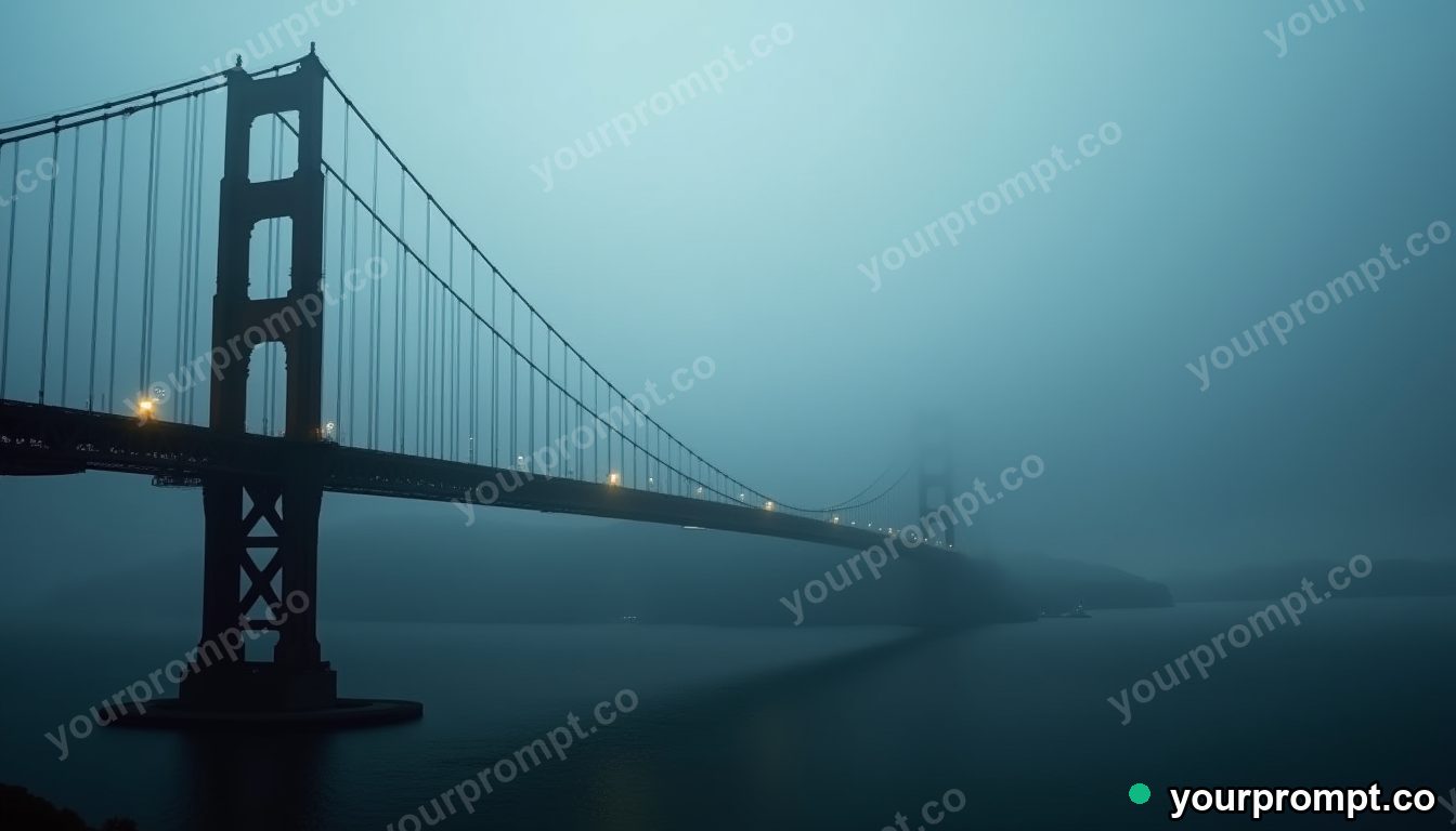 A misty suspension bridge vanishing into fog