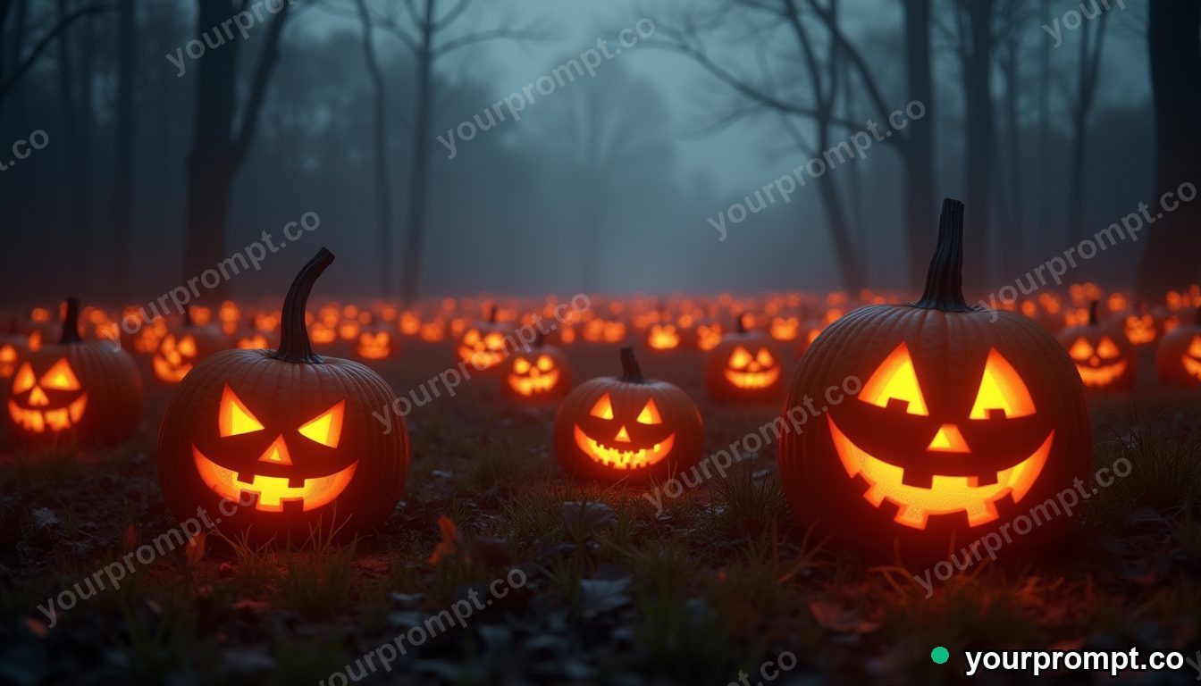 A field of jack-o-lanterns glowing in misty dusk