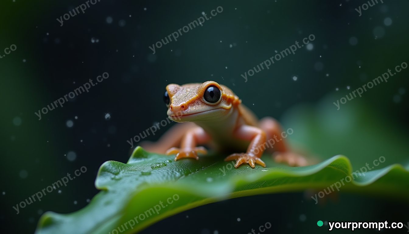 A gecko with sticky toes on a wet leaf, macro
