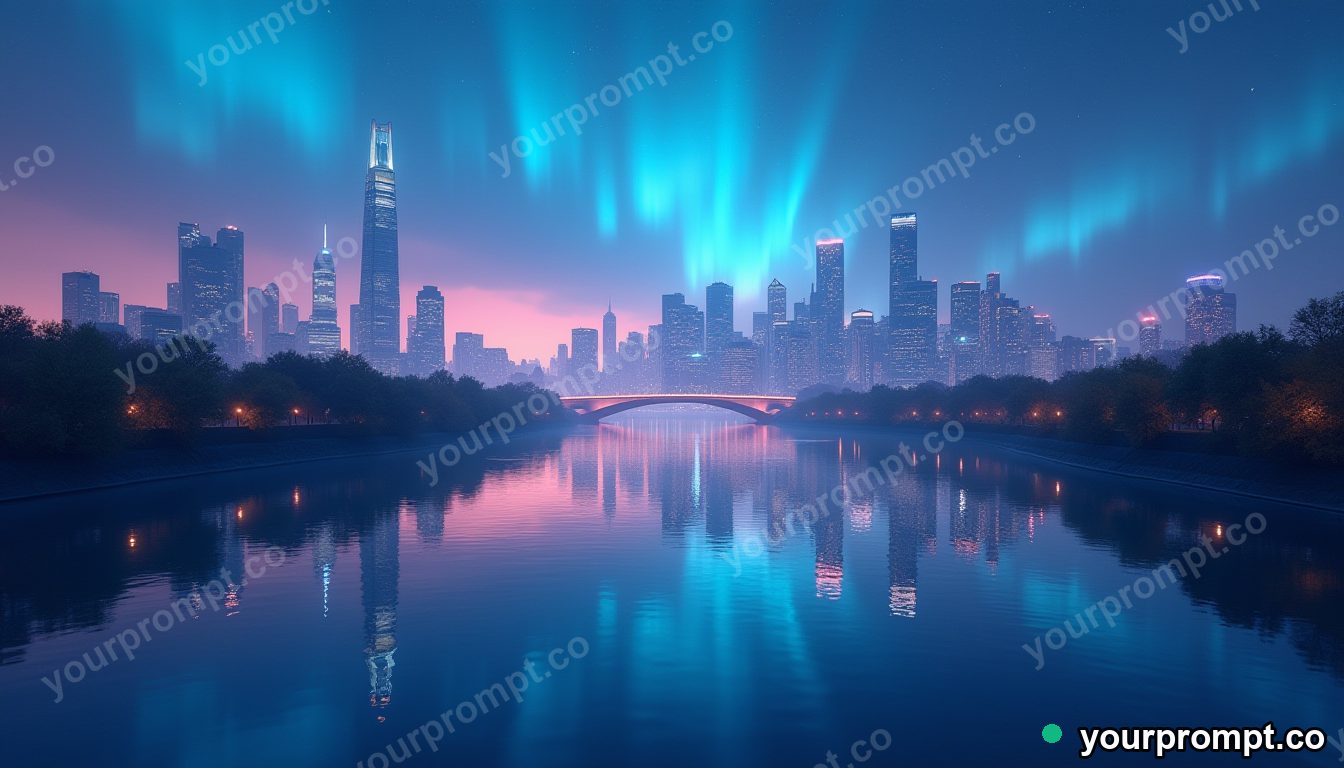 A city skyline mirrored in a calm river at night