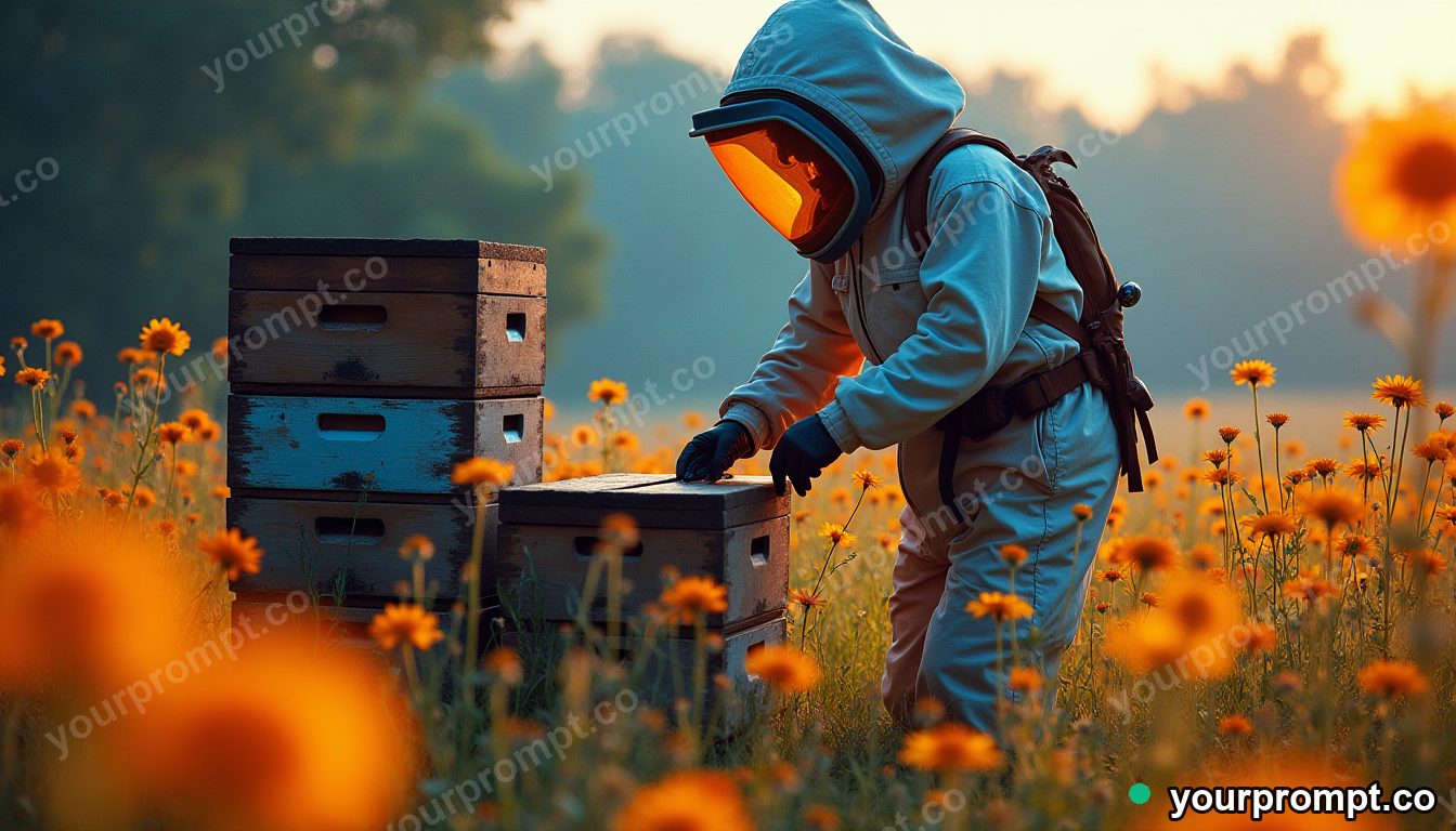 A beekeeper tending hives in a wildflower meadow