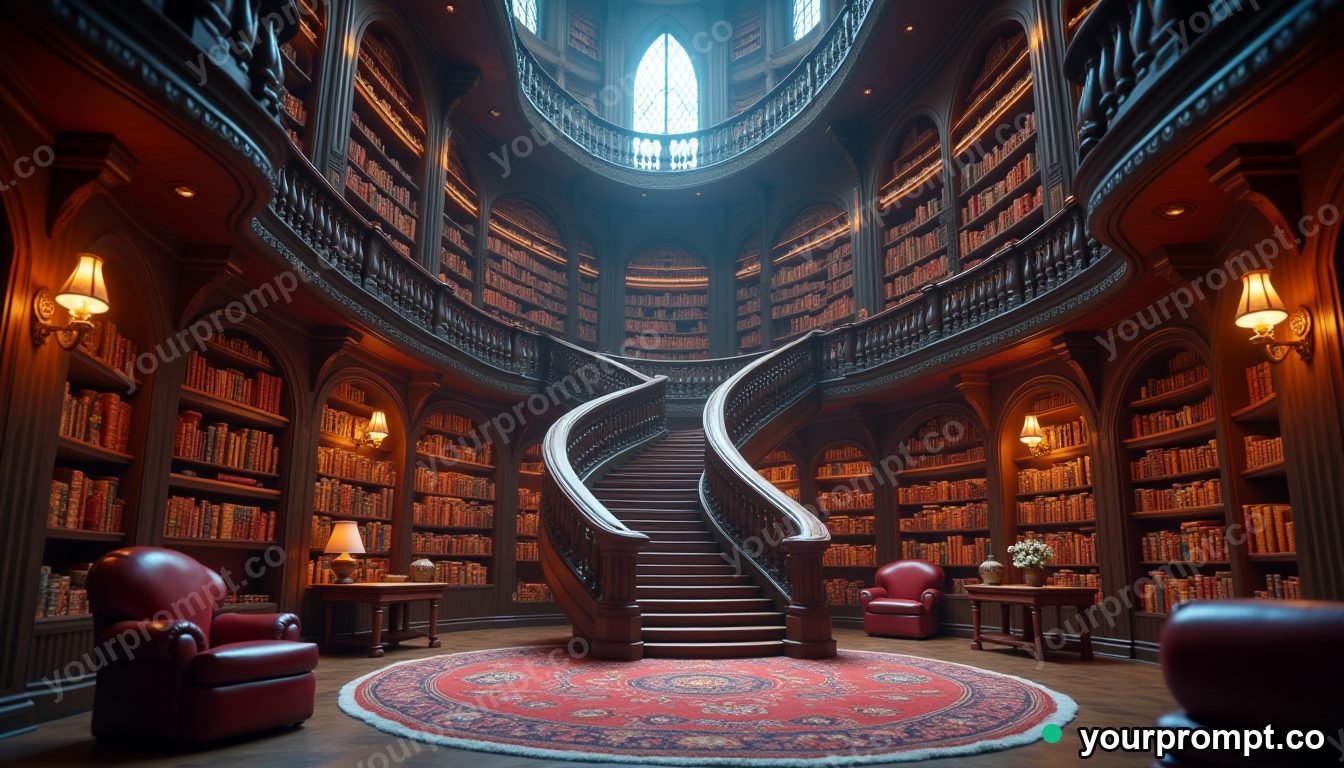 A grand library with spiral staircases and tall shelves