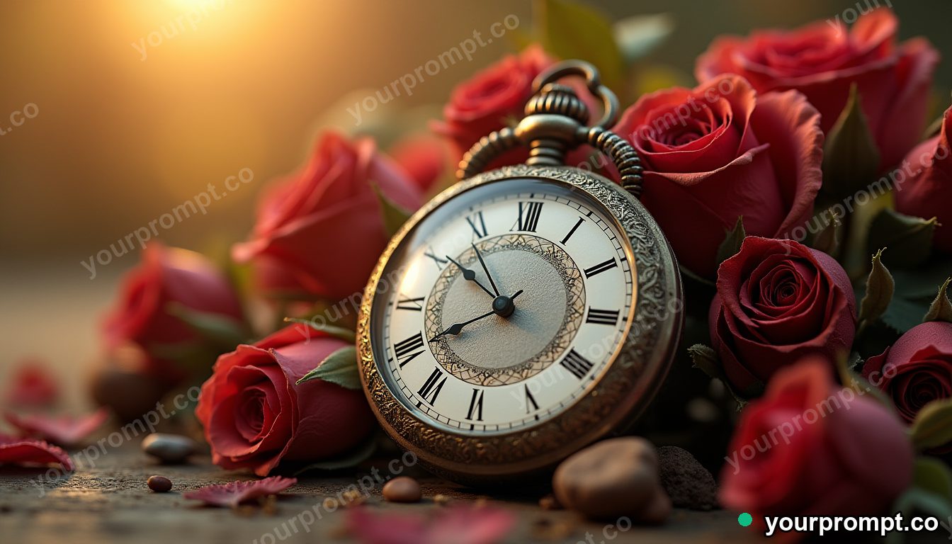 An antique pocket watch beside dried roses