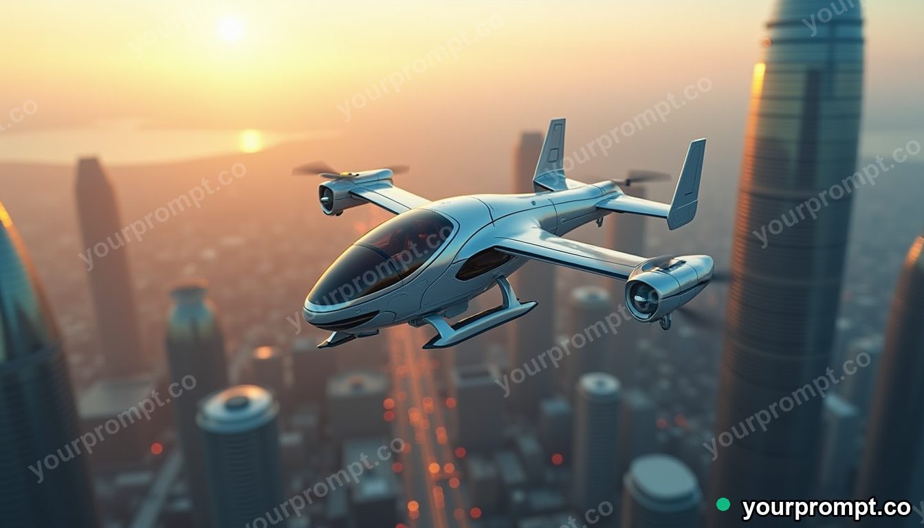 A futuristic eVTOL air taxi over a glass city