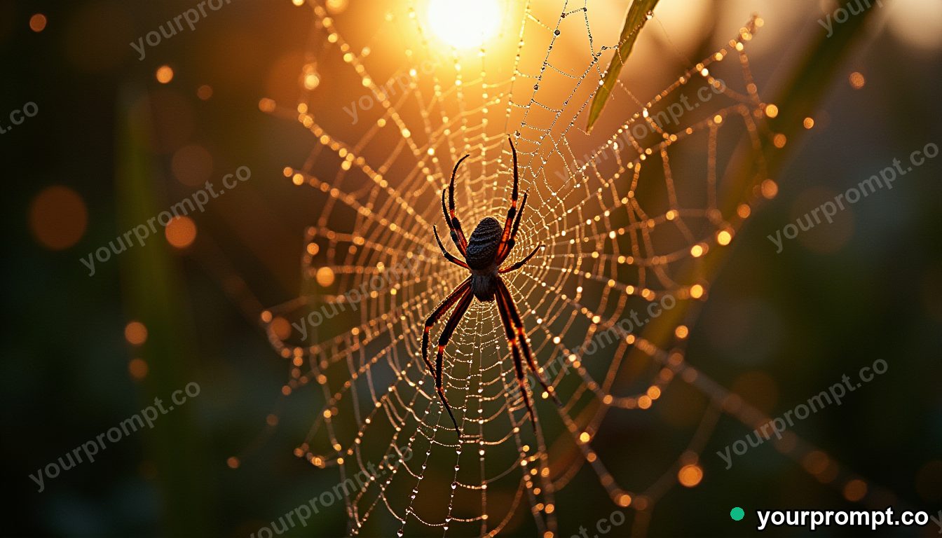 A spider web beaded with morning dew, backlit