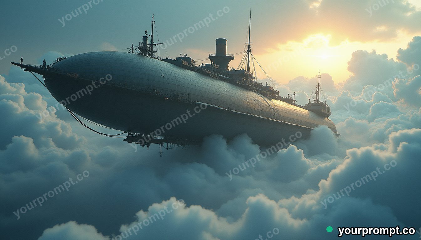 A steampunk airship docking at a cloud city
