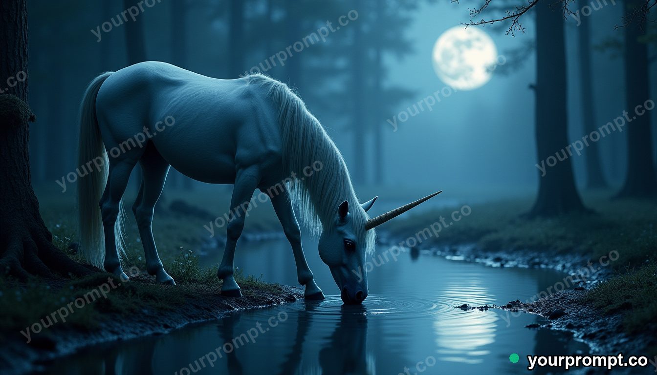 A unicorn drinking from a moonlit forest pool