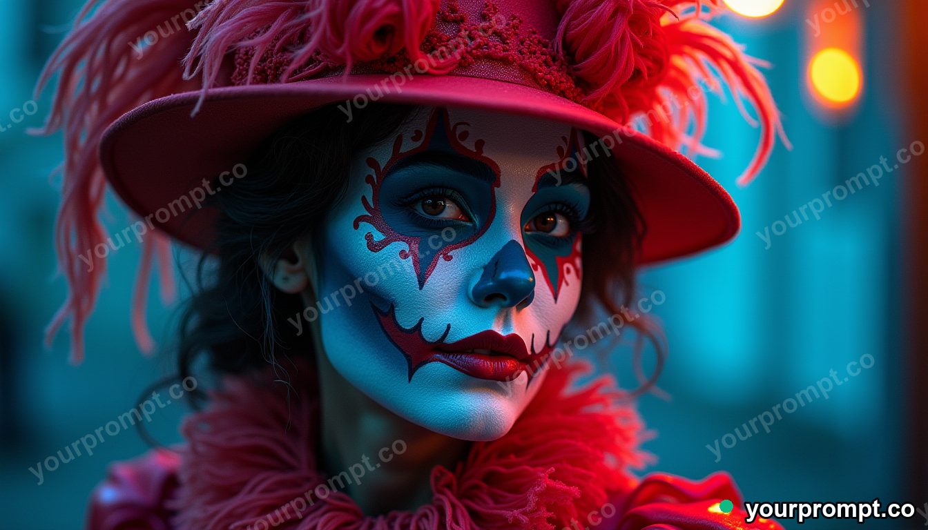 A painted-face carnival performer in vivid costume, fictional