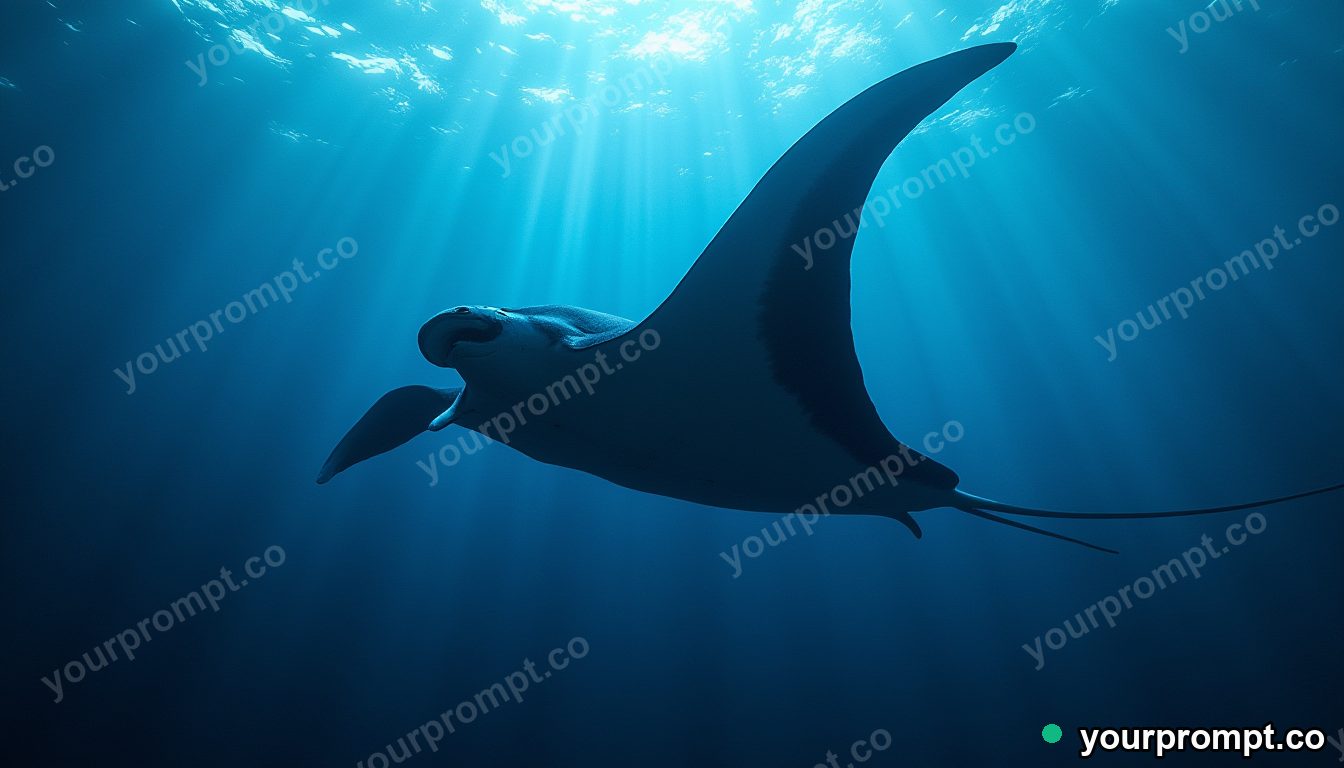 A giant manta ray soaring in deep blue water