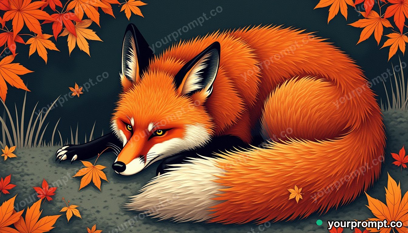 A red fox curled in autumn leaves
