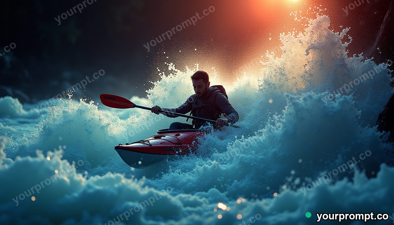 A kayaker plunging down a foaming rapid