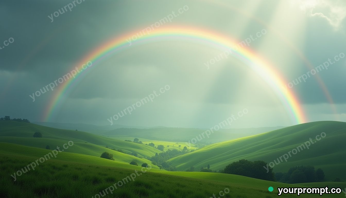 A double rainbow arcing over emerald hills after rain