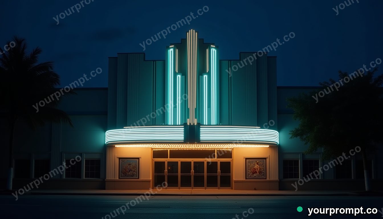 An art-deco theater facade glowing at night