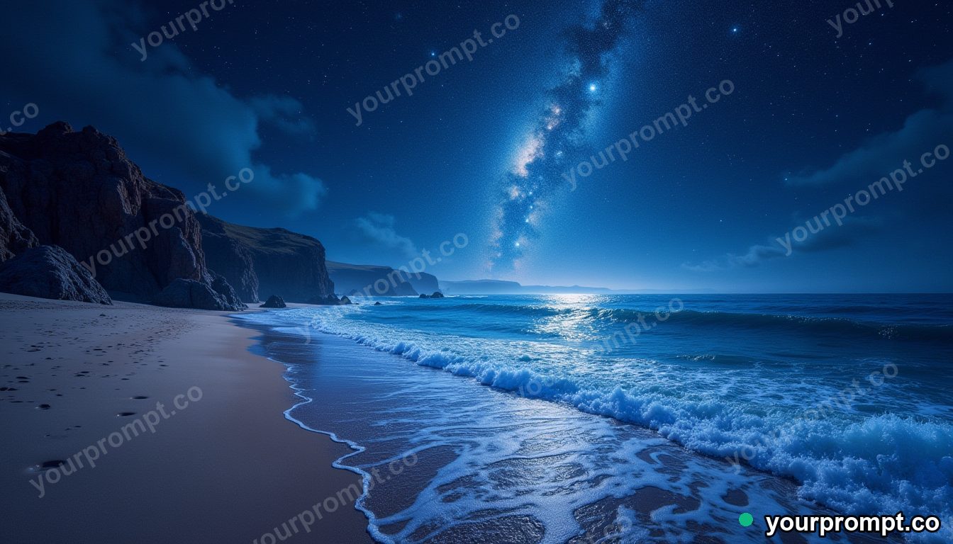 A surreal beach where the sea is liquid starlight
