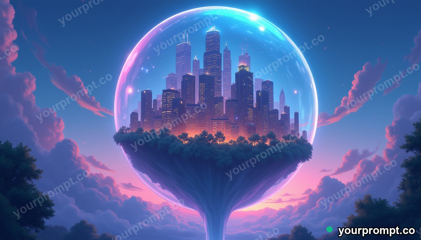 A city floating upside-down inside a giant soap bubble