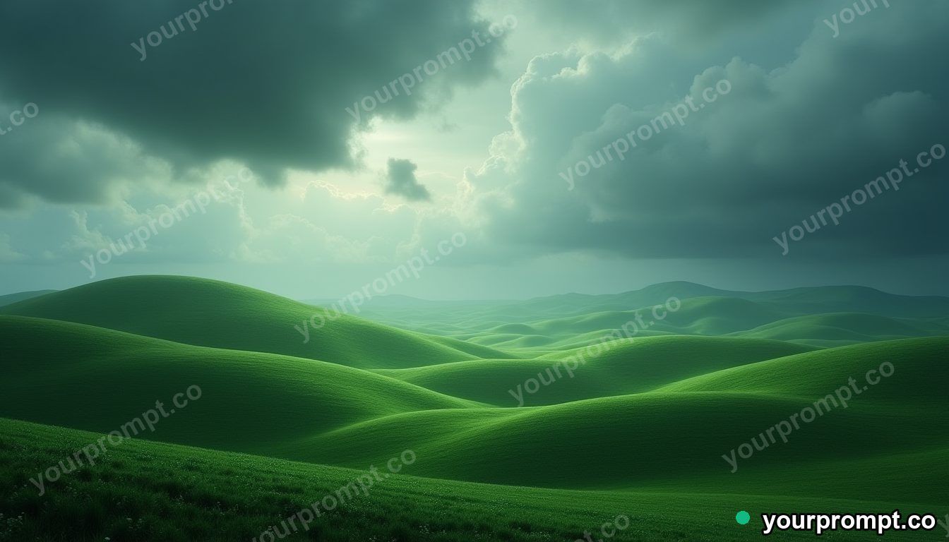 Rolling green hills under a dramatic stormy sky