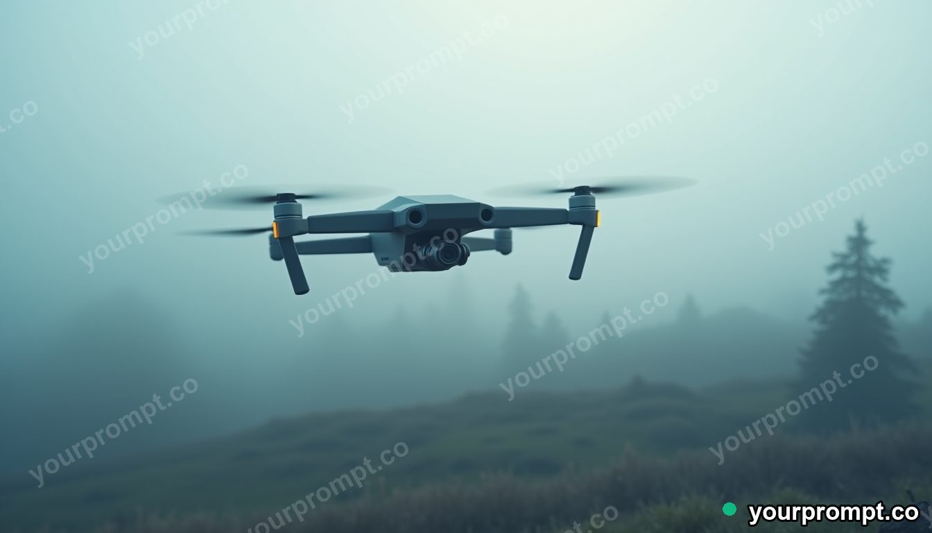 A battle drone hovering over a foggy battlefield