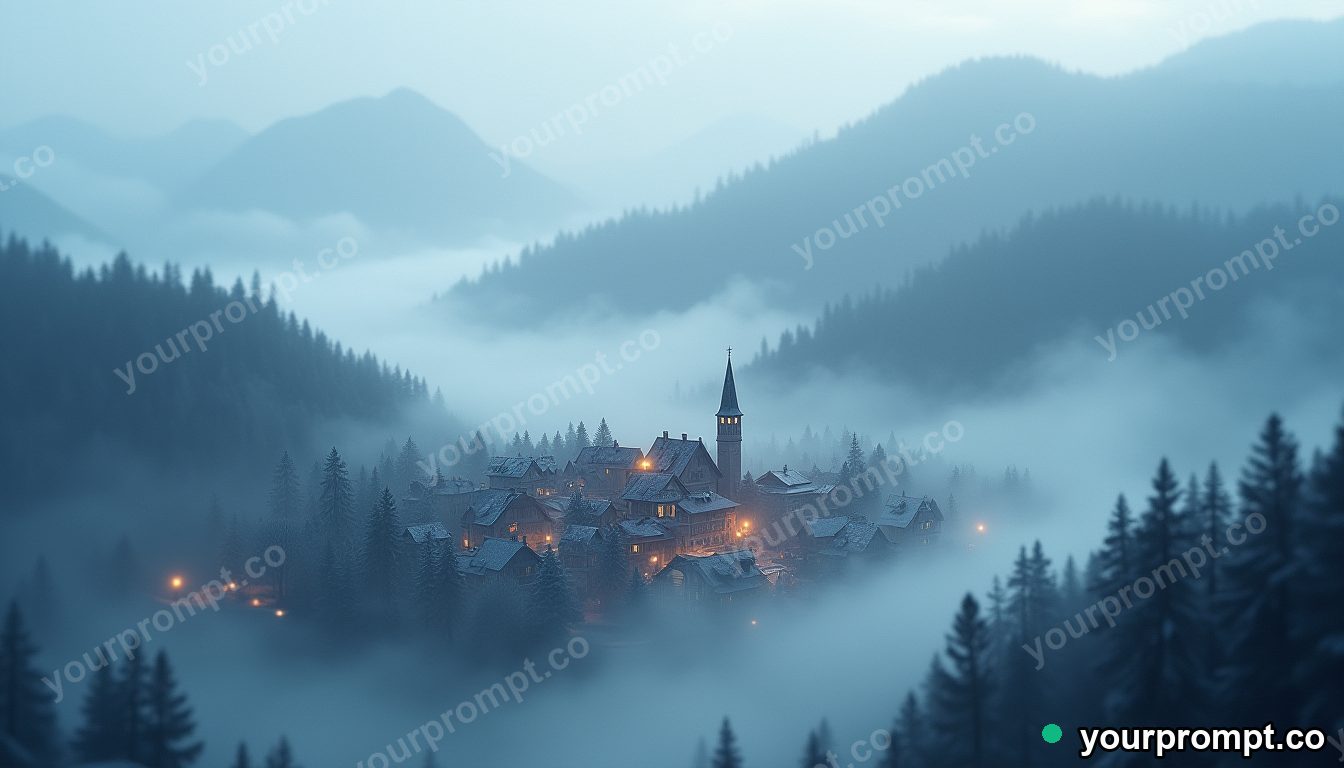 A misty mountain village in the Swiss Alps