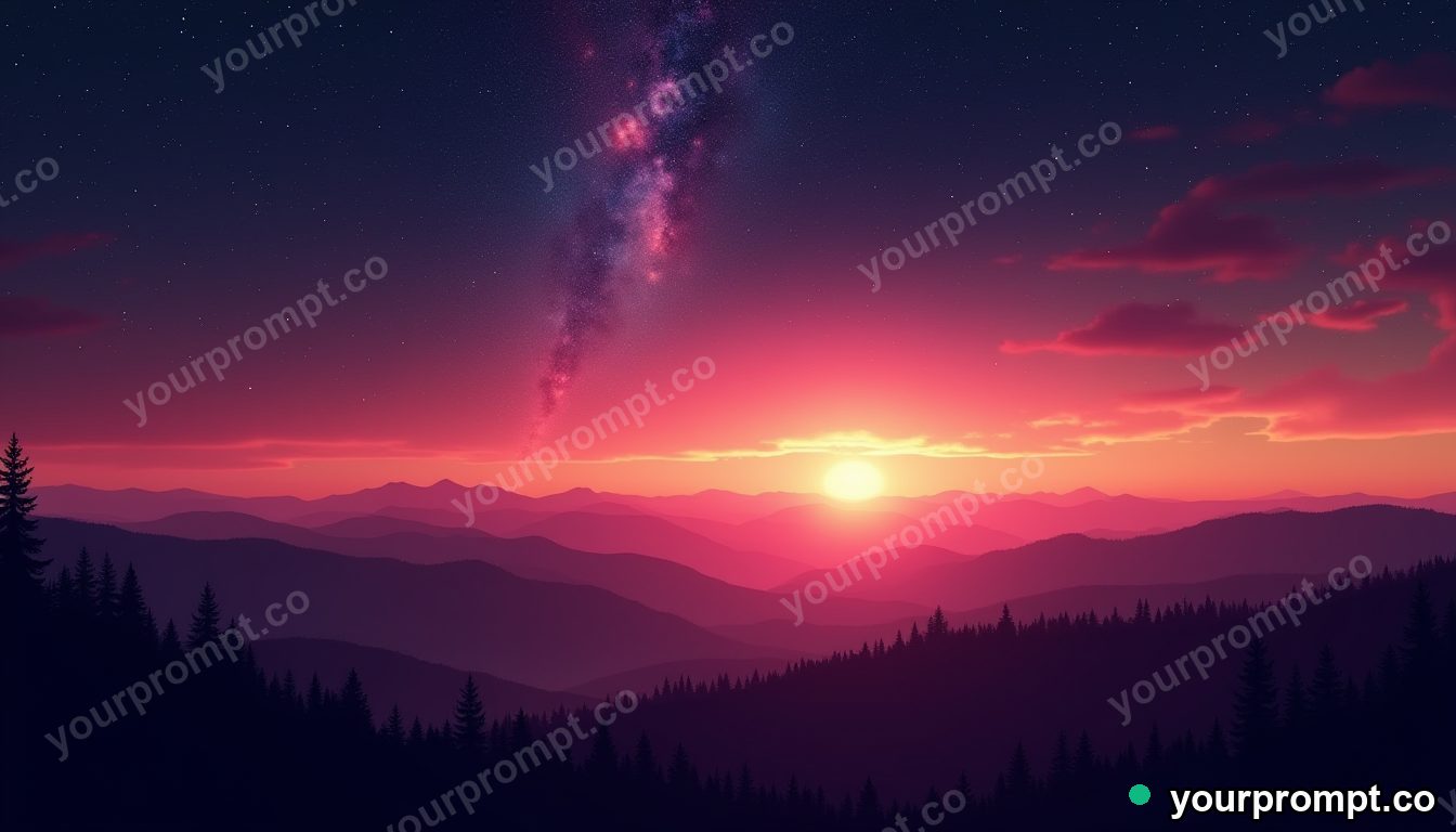 A meteor shower over a silhouetted mountain ridge