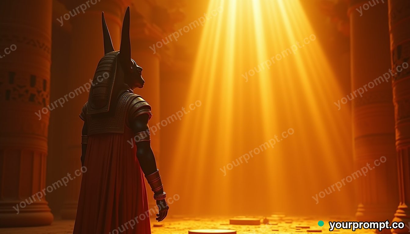 Anubis standing guard in a torchlit tomb