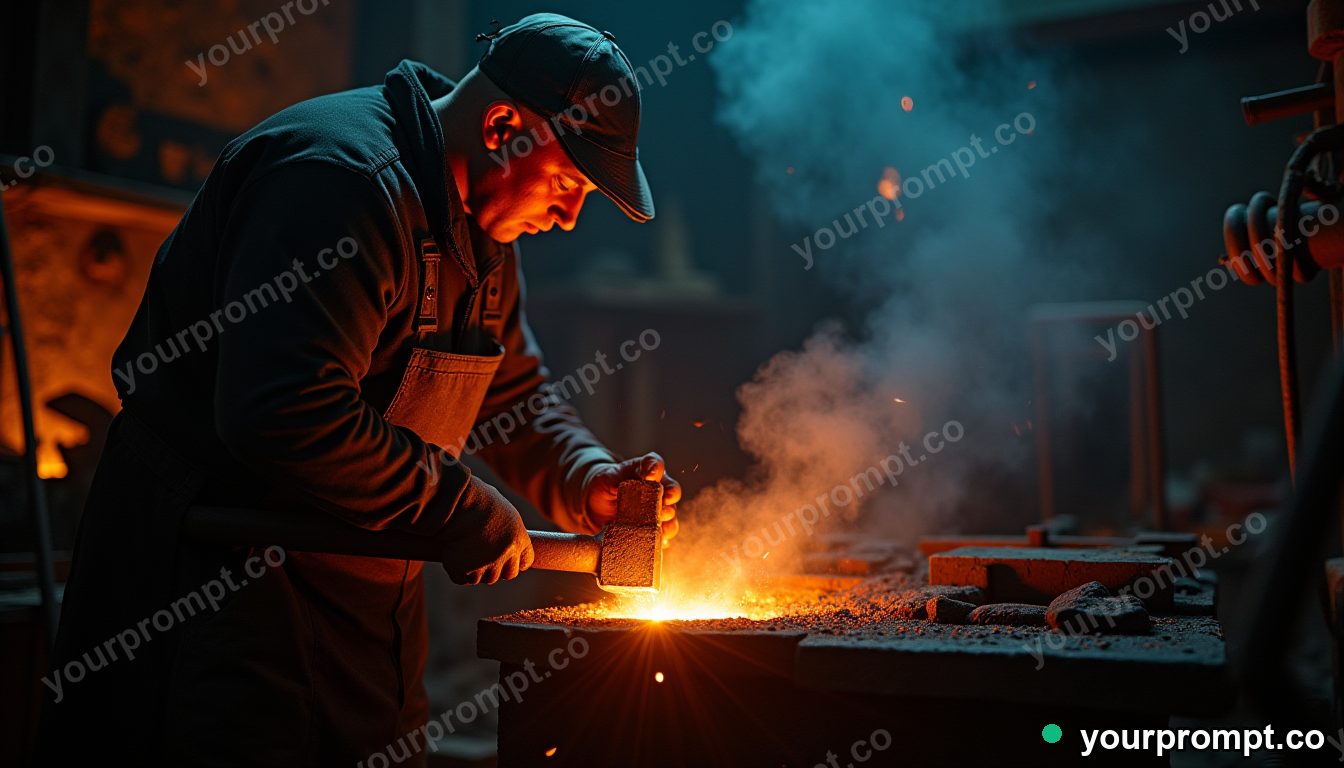 A blacksmith hammering glowing metal in a dim forge
