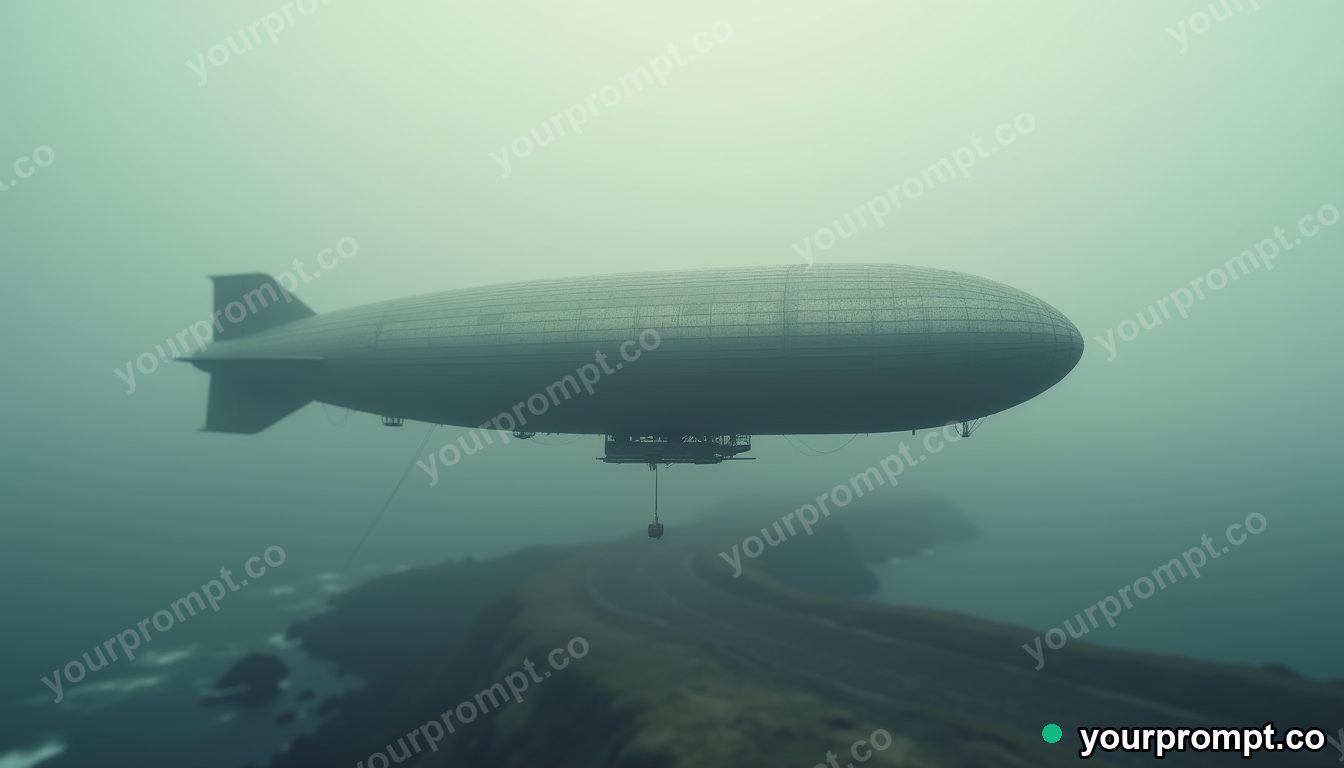 A vintage airship drifting over a coastline