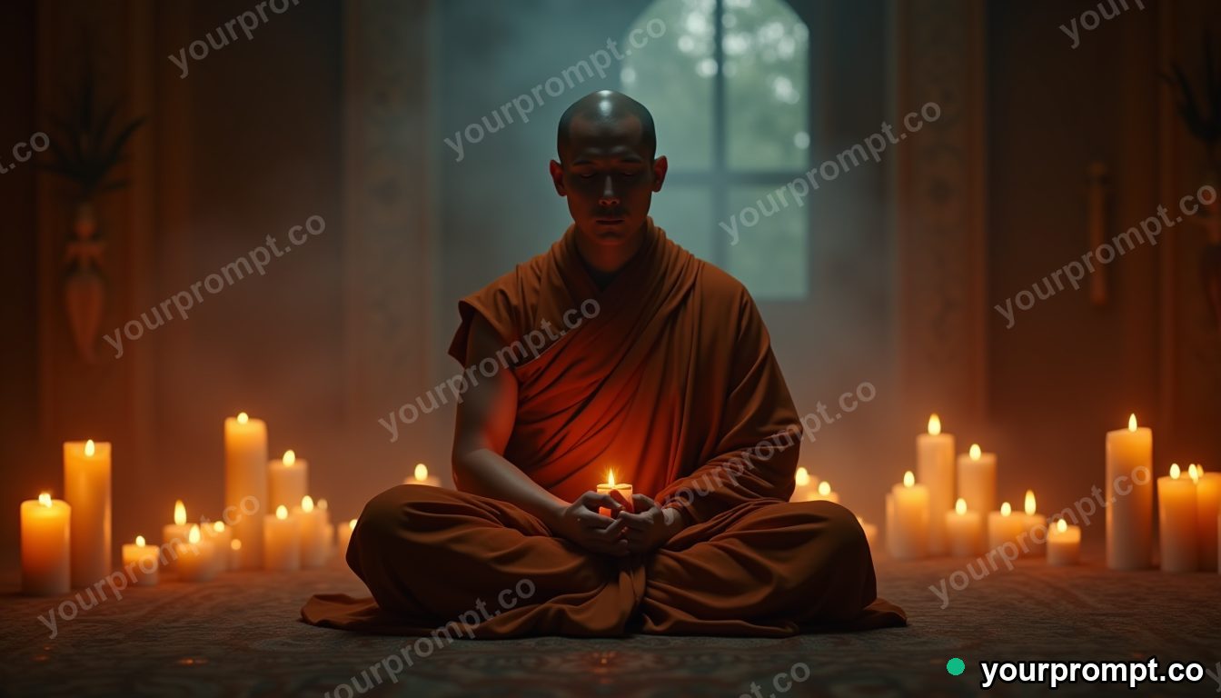 A serene monk meditating in candlelight, fictional