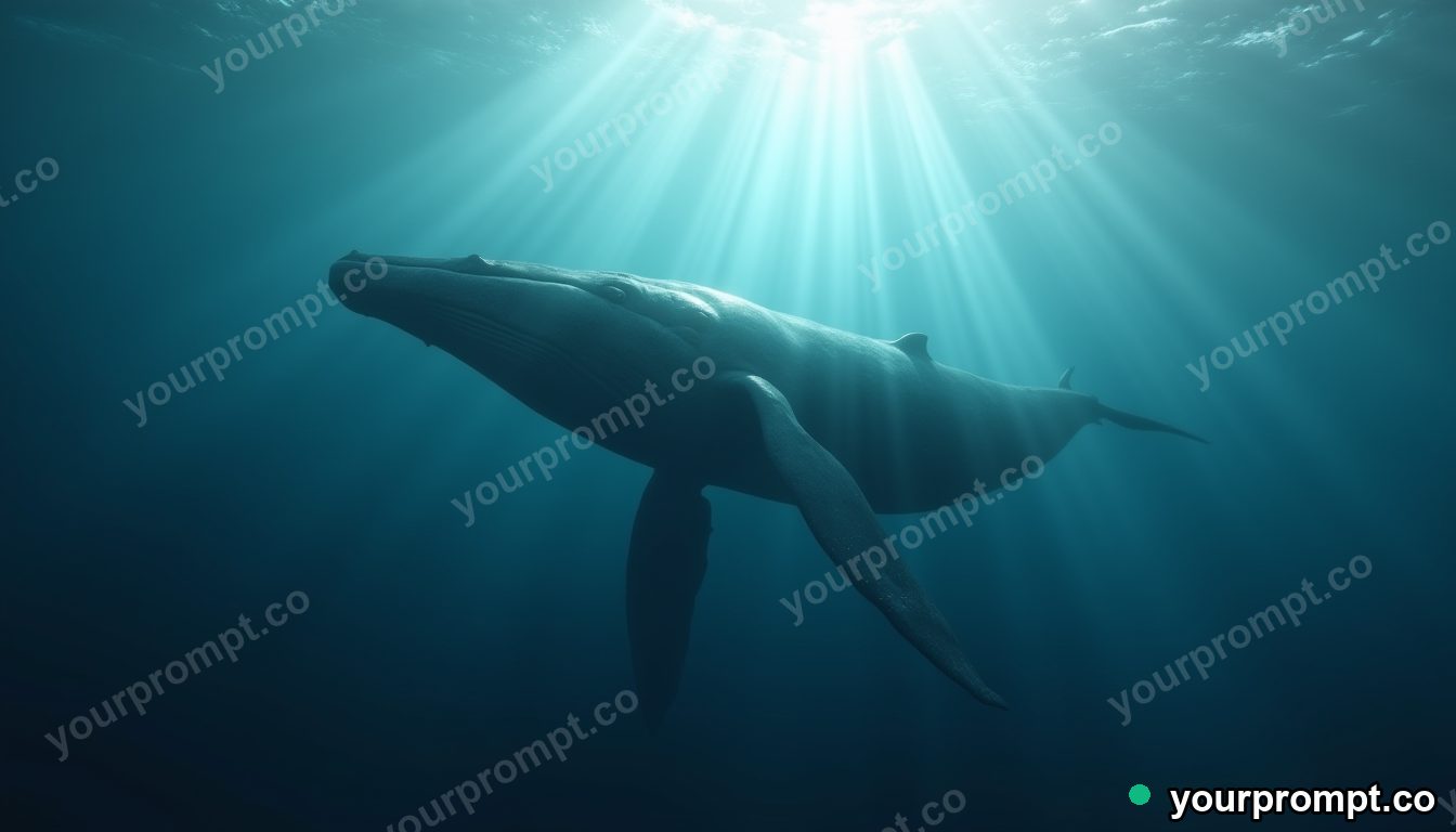 A humpback whale gliding through underwater sunbeams
