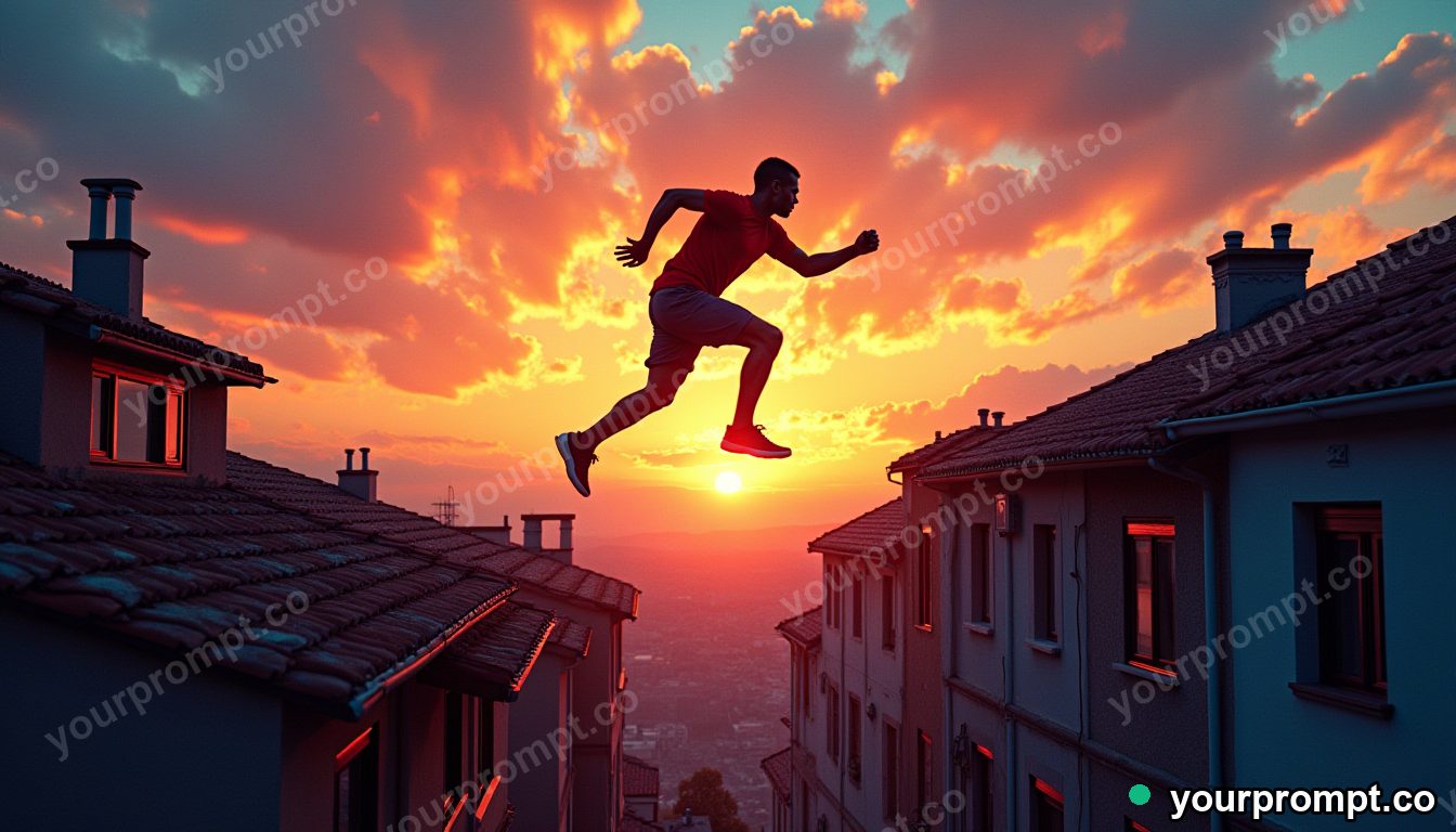 A parkour runner leaping between rooftops at dusk