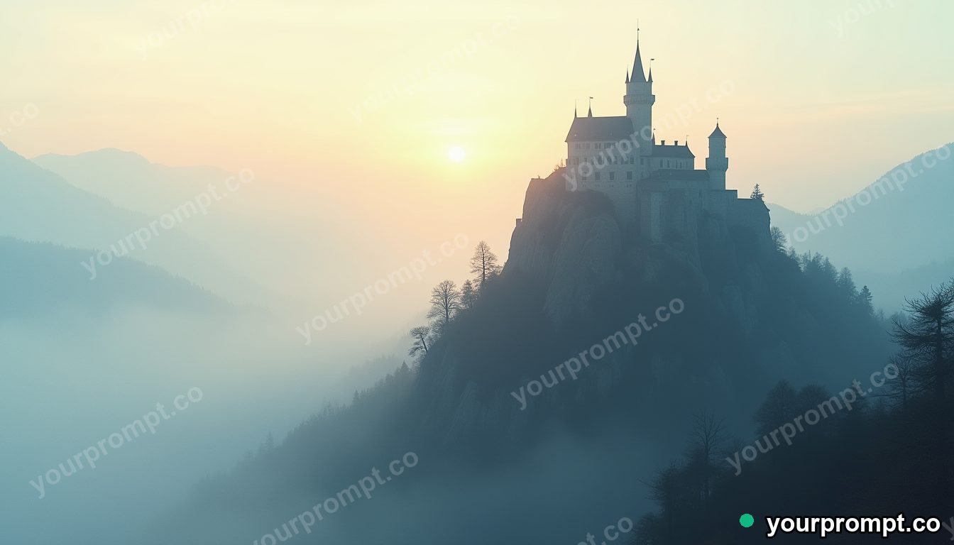 A medieval castle on a foggy mountain peak