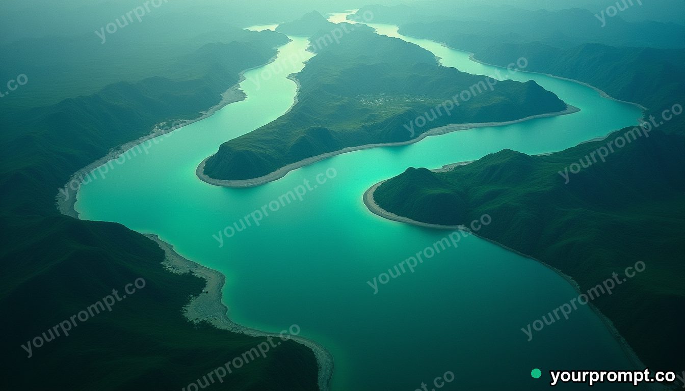 An aerial view of winding turquoise rivers in a green delta