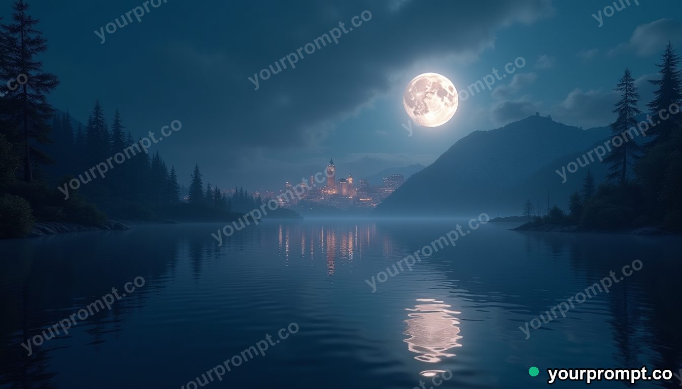 A moonlit lake reflecting an impossible city of light