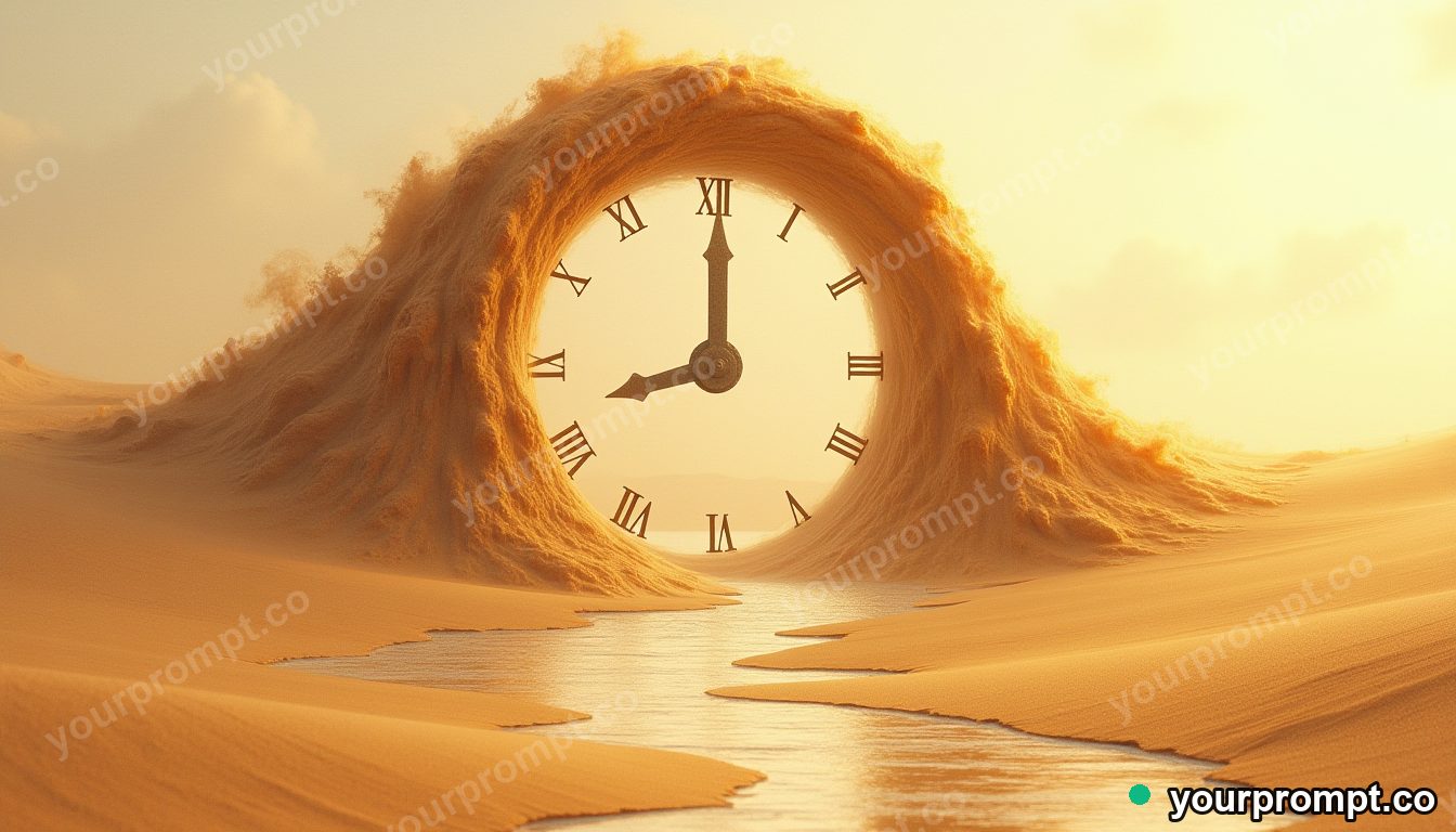 A giant clock melting into a river of golden sand
