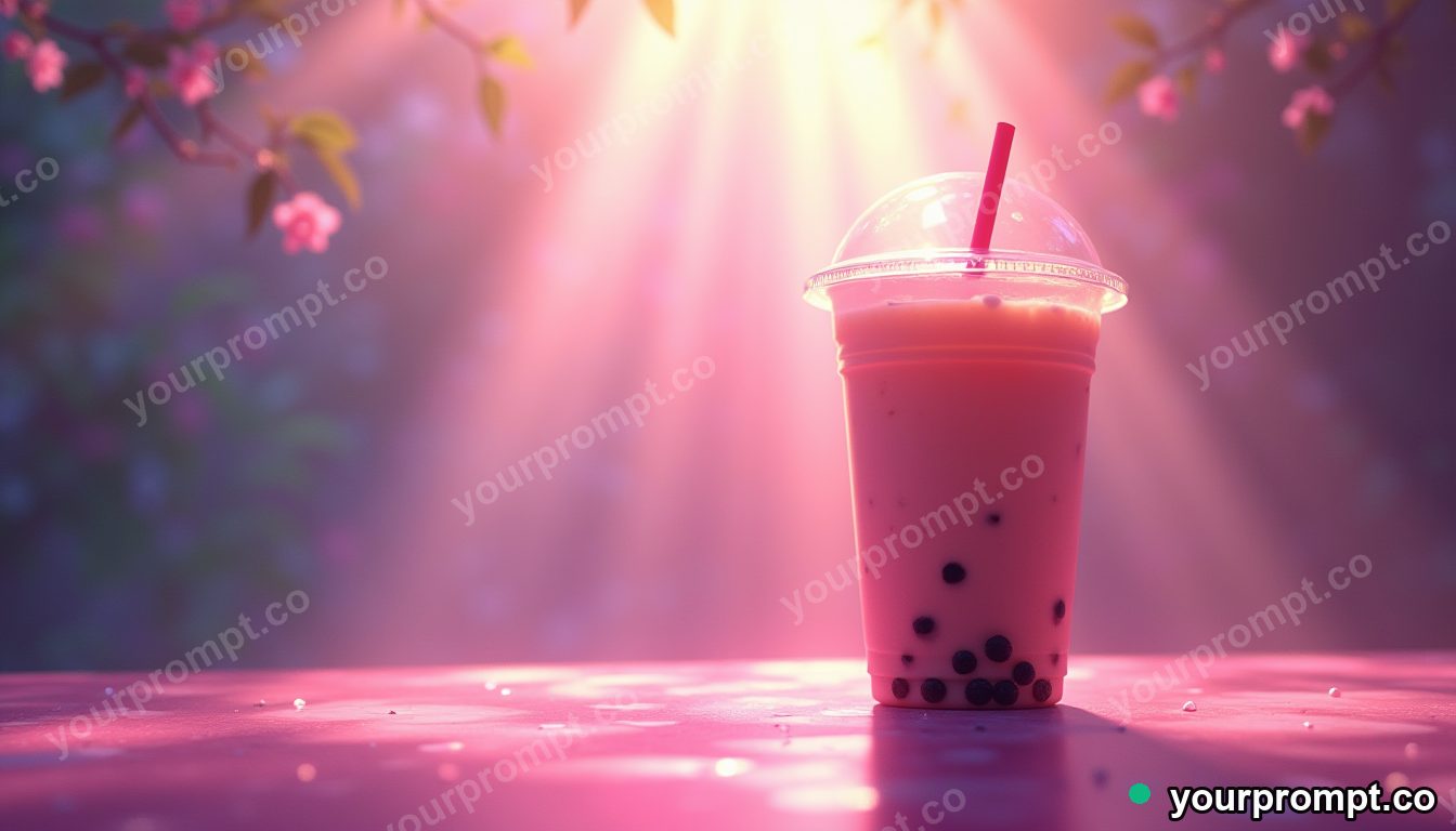 A neon-lit boba tea with tapioca pearls