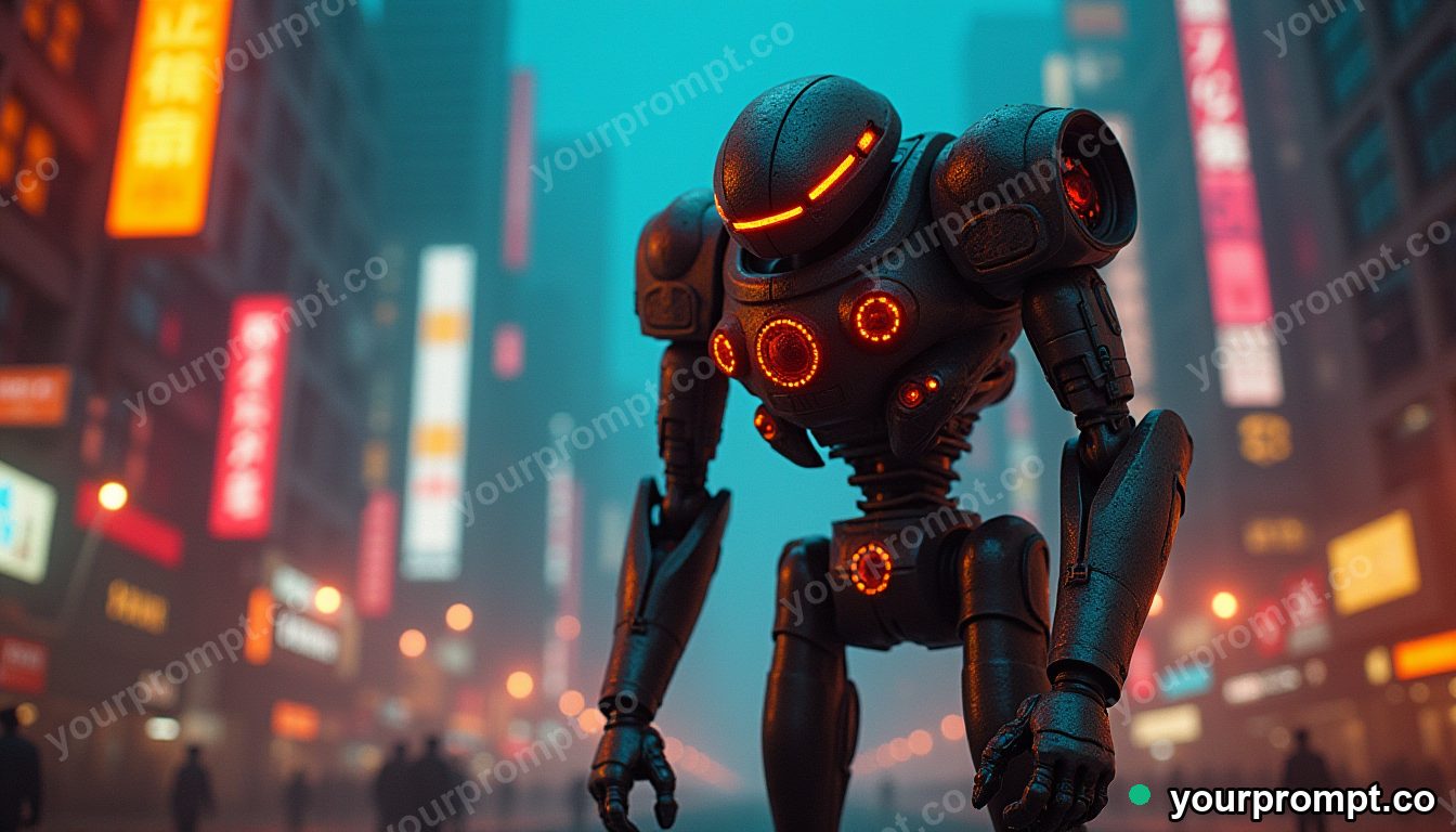A towering mech standing guard in a neon city