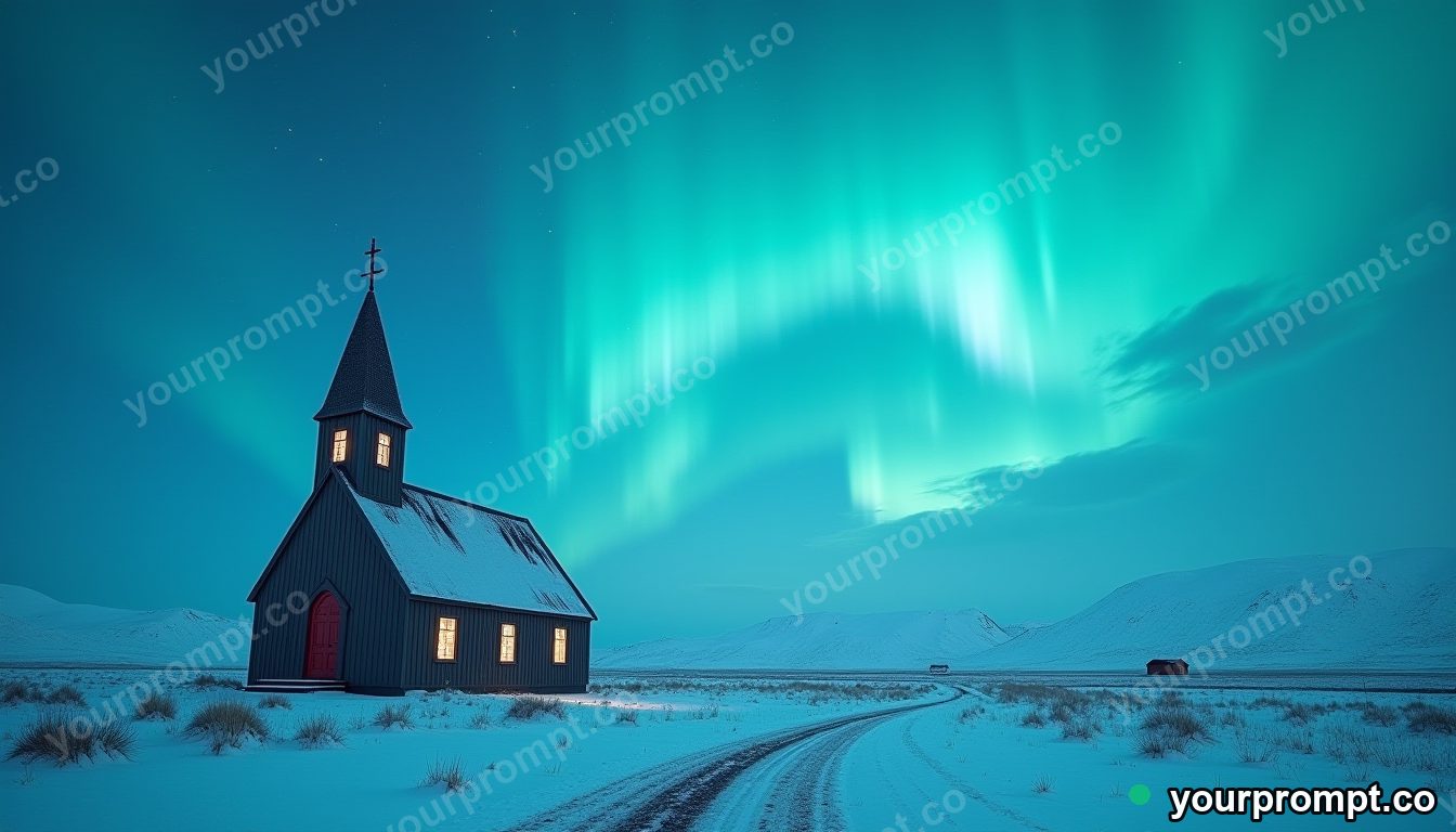 AI image prompt example — aurora over a church