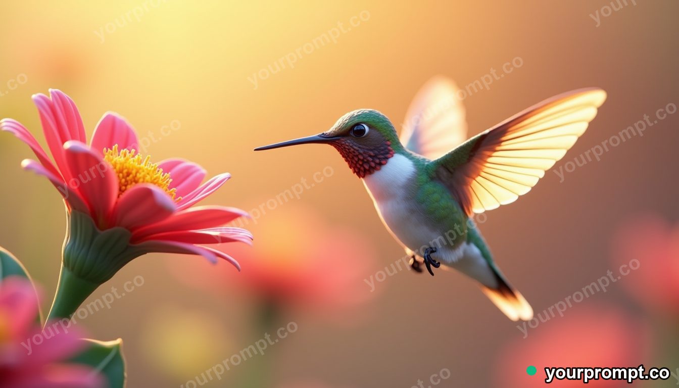 A hummingbird hovering at a bright flower, wings frozen