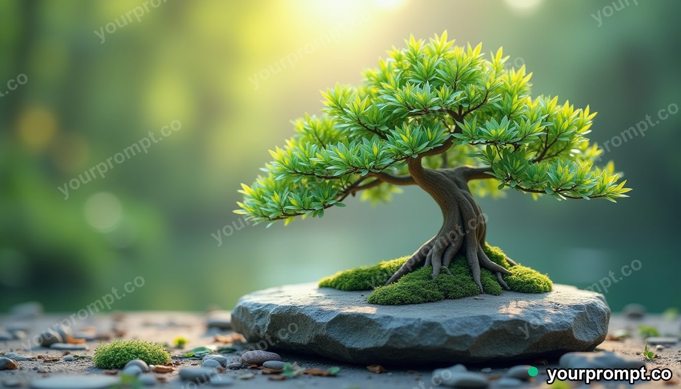 A bonsai tree with tiny perfect leaves on a stone